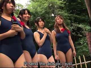 Japanese schoolgirls in swimsuits CFNM handjob harem